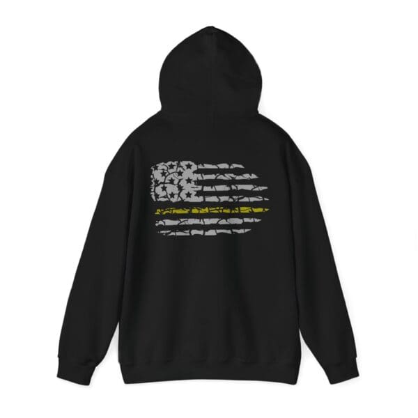 Dispatcher Support Hoodie, a black hoodie with a gray American flag graphic and a single yellow line across the center.