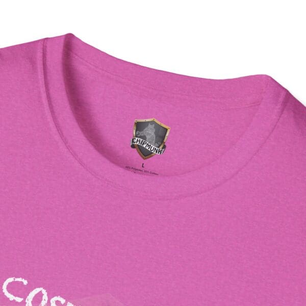 Close-up of a pink Zero T-Shirt neckline with a Chipmunk brand label visible on the inside.