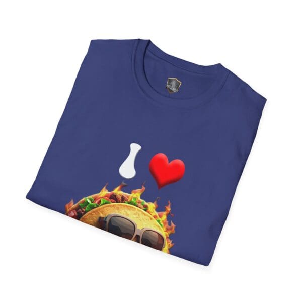 Folded "I Love Hot Taco T-Shirt" in blue, featuring a design with a silhouette of a bottle, heart, and taco wearing sunglasses adorned with flames.