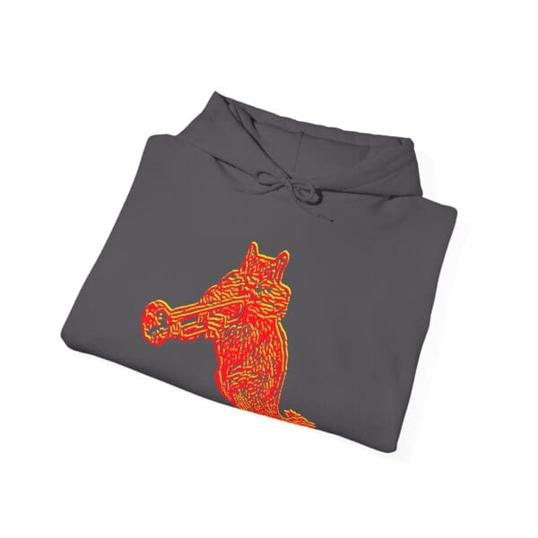 Chipmunk Hoodie in gray, adorned with a red, stylized wolf graphic on the front that features a geometric design.