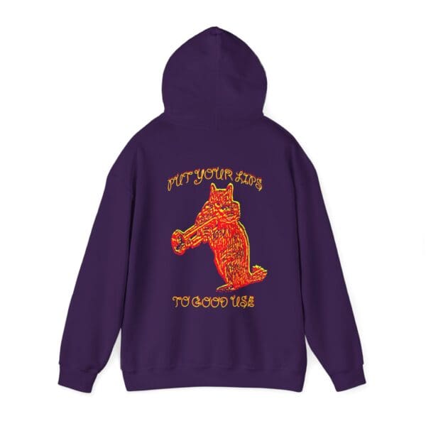 Purple hoodie featuring a graphic of a creature playing a horn and the text "Put Your Lips To Good Use.