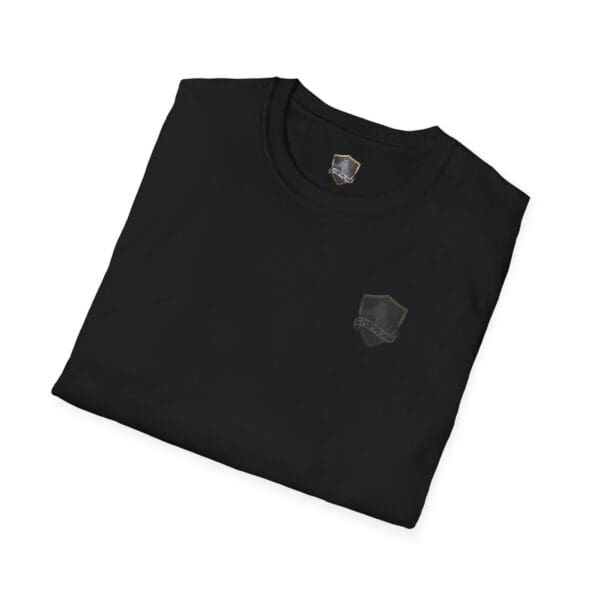 Black "You Bought It Because We Brought It" t-shirt, featuring a subtle embroidered shield logo on the left chest area.