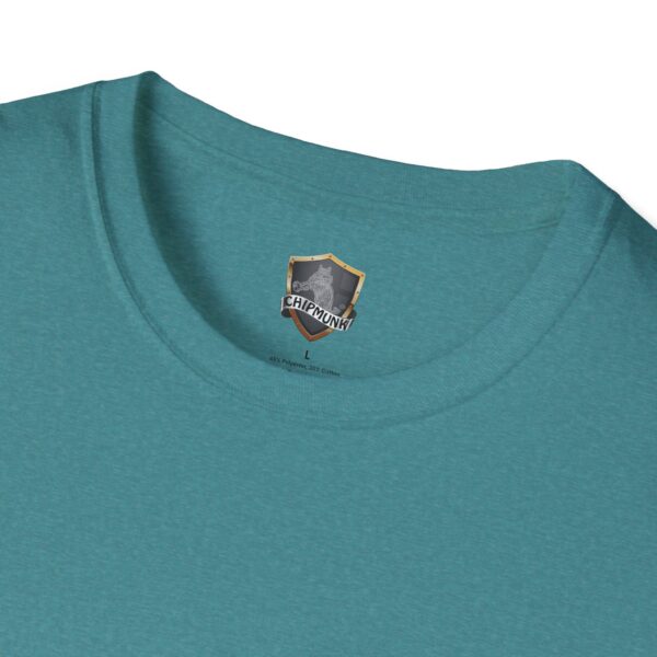 Close-up of an Offend T-shirt in teal, featuring a Chipmunk brand label inside the collar.