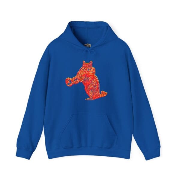 Chipmunk Hoodie in blue featuring a stylized red fox graphic playing a trumpet.