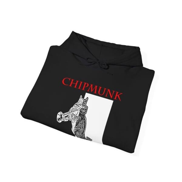 A black Chipmunk Hoodie featuring a drawing of a zebra holding a trumpet with red text reading "CHIPMUNK.