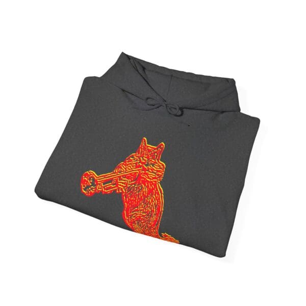 Introducing the Chipmunk Hoodie, a black folded garment adorned with a stylized red geometric wolf design.