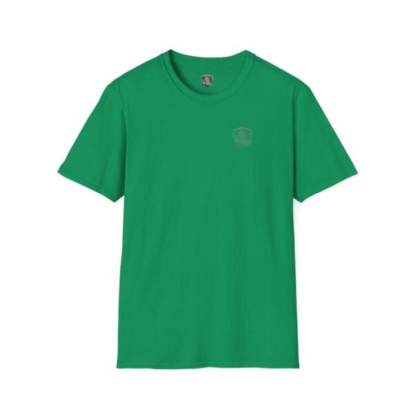 You Bought It Because We Brought It T-Shirt featuring a small logo on the upper left chest in green.