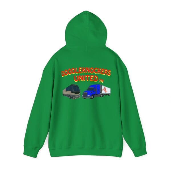 Green Doodleknockers Bus and Truck Hoodie featuring "DOODLEKNOCKERS UNITED™" with illustrations of a bus and a truck on the back.