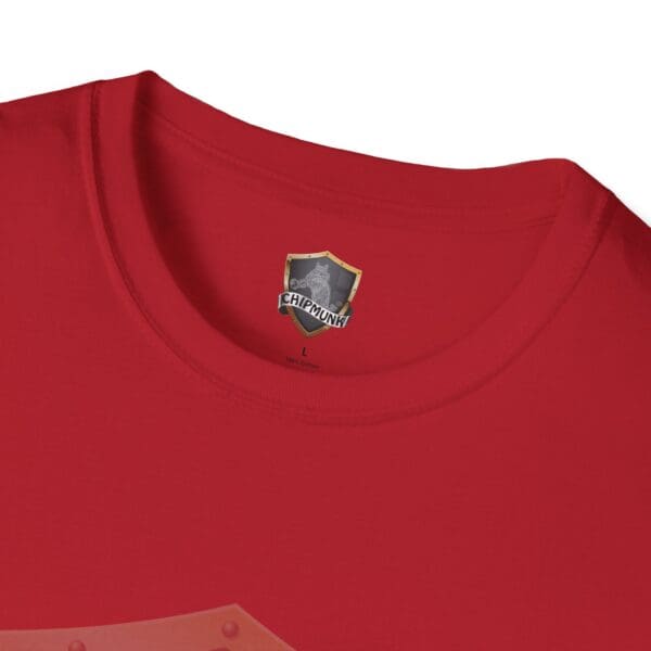 Close-up of a red Chipmunk Brand T-shirt featuring a logo and label on the inside collar.