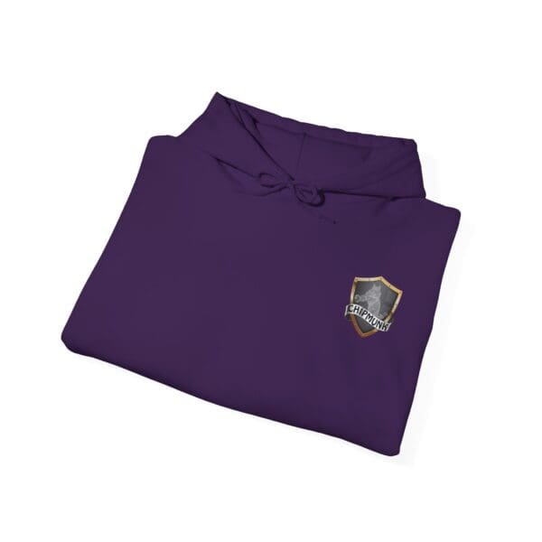 Purple Chipmunk Family Graphic Hoodie with a "ChatGPT" logo on the chest, featuring a shield design and stylized text.