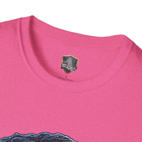 Close-up of the neckline of a pink "Not My Nuts T-Shirt," featuring a small shield logo and the word "Chipmunk" printed on the inside collar.