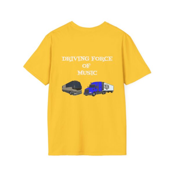 Yellow Driving Force T-Shirt featuring the text "DRIVING FORCE OF MUSIC" and illustrations of a black tour bus and a blue truck.