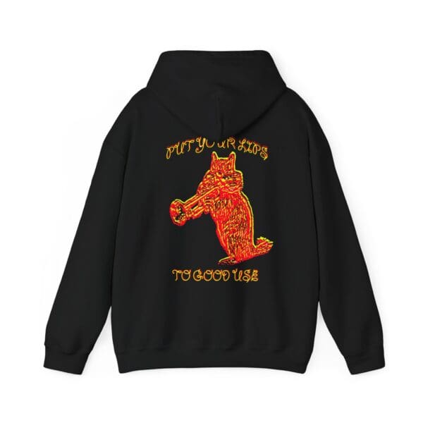 Black hoodie featuring a vibrant red and yellow graphic of a fox playing a horn, with text that reads "PUT YOUR LIPS TO GOOD USE.