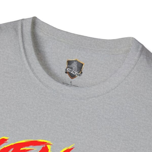 Close-up of a gray Gen X T-Shirt featuring a "Chipmunk" label at the collar and partially visible red and yellow graphic on the front.