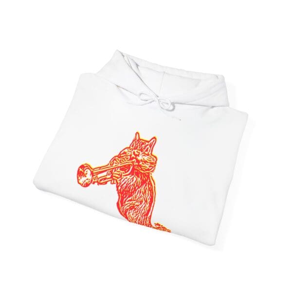 White Chipmunk Hoodie featuring an orange-red graphic of a chipmunk playing a trumpet.