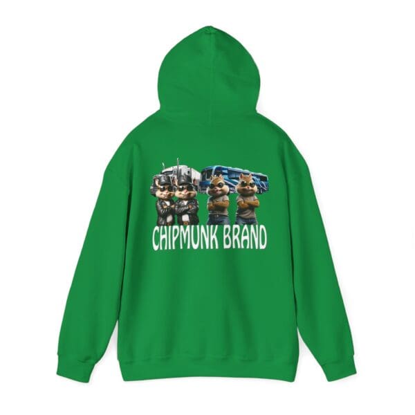 Chipmunk Family Graphic Hoodie featuring "CHIPMUNK BRAND" text and animated chipmunks dressed as police officers in front of a truck.