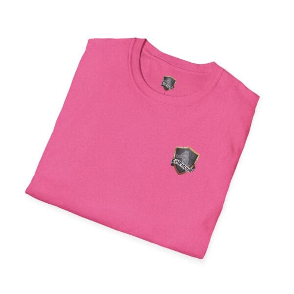 Folded Doodleknockers Bus and Truck pink t-shirt featuring a small shield logo on the chest.