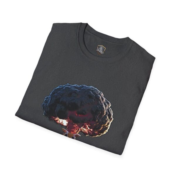 A folded "Not My Nuts" T-shirt in black, showcasing a graphic of an explosion with smoke and fire.