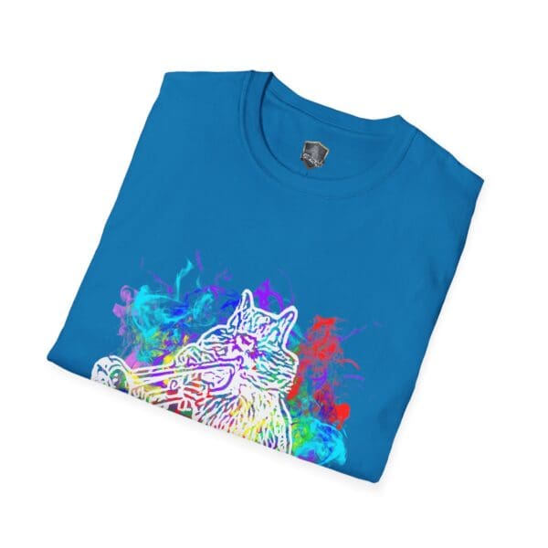 Smoked Chipmunk T-Shirt featuring a colorful graphic of a cat playing a saxophone amidst abstract swirls.