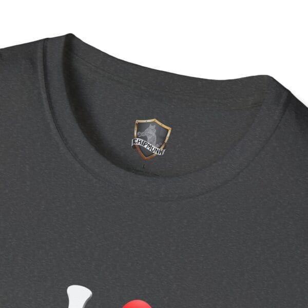 Close-up of a dark gray "I Love Hot Taco" T-shirt with the logo on the inside back collar.