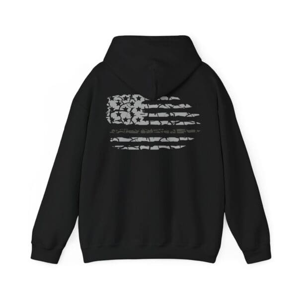 Back view of the Correctional Officer Support Hoodie in black, showcasing a stylized American flag design with stripes and stars.