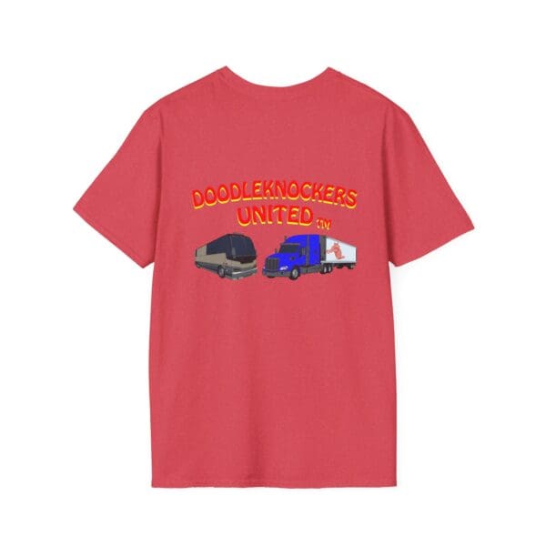 Red Doodleknockers Bus and Truck T-Shirt featuring the text "DOODLEKNOCKERS UNITED" above illustrations of two trucks.