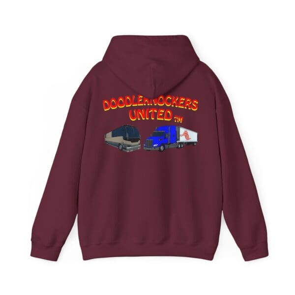 Maroon hoodie featuring bold "Doodleknockers United" lettering, adorned with images of a bus and a truck on the back, officially known as the Doodleknockers Bus and Truck Hoodie.