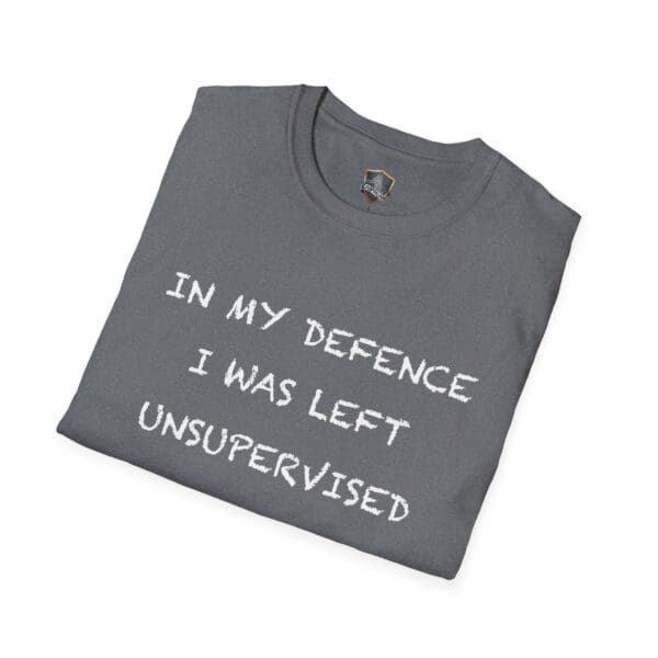 Folded neatly, the Unsupervised Mischief T-Shirt is gray with the text "In my defence I was left unsupervised" in white.