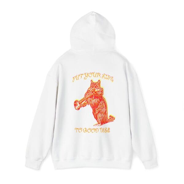 White hoodie featuring the "Put Your Lips To Good Use" design, showcasing a vibrant graphic of a fox playing a trumpet on the back with text above and below.