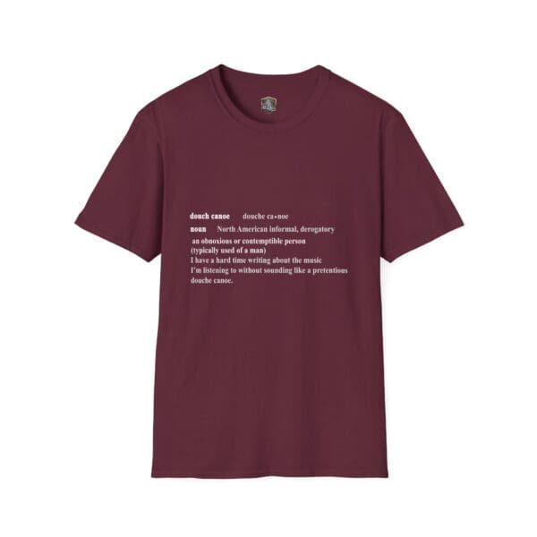 Maroon T-shirt with a humorous white text definition of "Douche Canoe" printed on the front.