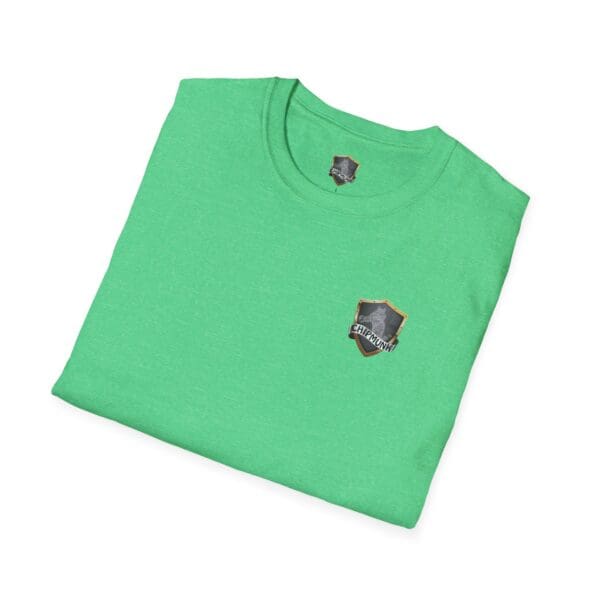 Put Your Lips To Good Use T-Shirt in green featuring a small shield logo with a bear, folded neatly.