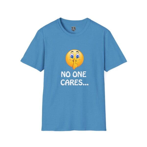 No One Cares T-Shirt in blue featuring a shushing face emoji and the text "No one cares..." on the front.