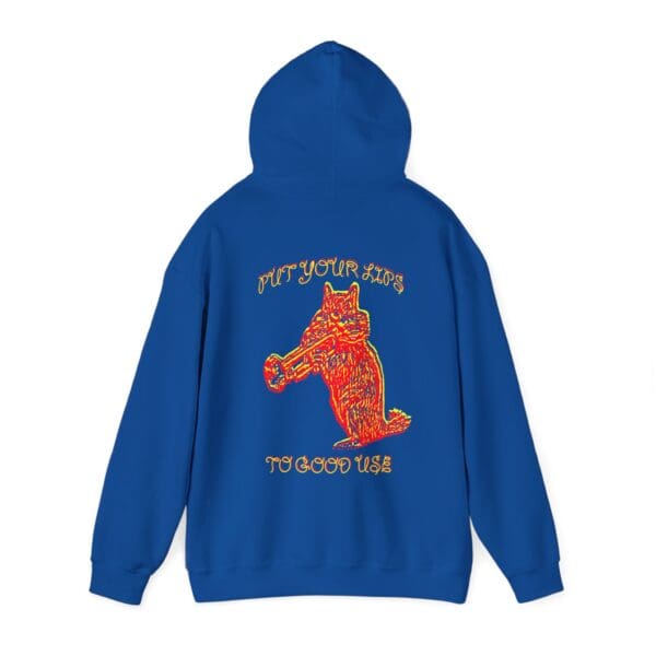 Blue hoodie showcasing a red fox playing a horn with the text "Put Your Lips to Good Use" in orange on the back.