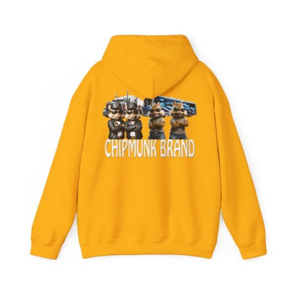 Chipmunk Family Graphic Hoodie in yellow, showcasing cartoon chipmunks dressed as police officers with police vehicles in the background and "CHIPMUNK BRAND" text.