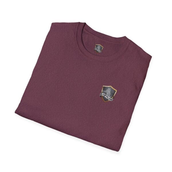 Folded "Put Your Lips To Good Use" maroon t-shirt featuring a small shield and helmet emblem on the upper left chest area.