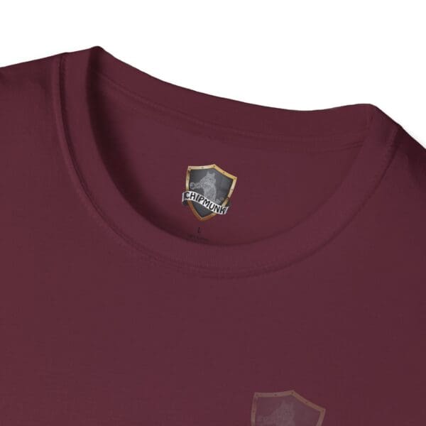 You Saw It Because We Brought It T-Shirt in maroon, featuring a small, shield-shaped logo inside the neckline with a stylized chipmunk and the text "CHIPMUNK.