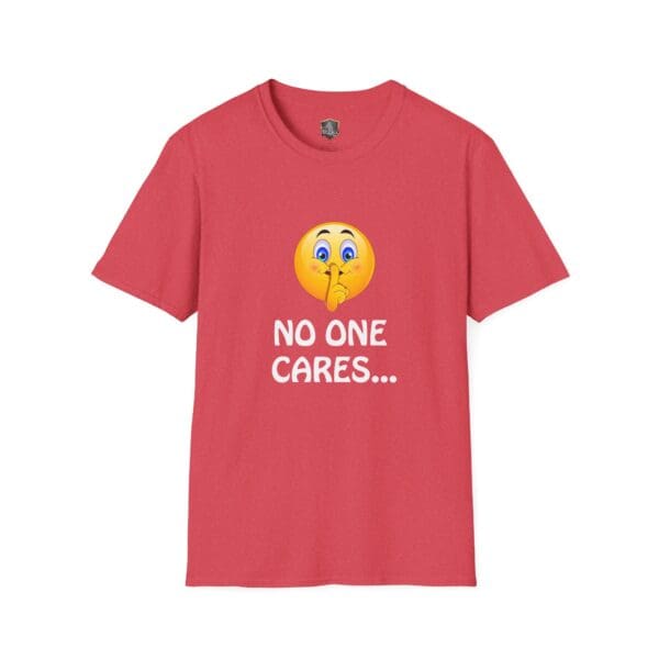 A No One Cares T-Shirt in red featuring a shushing emoji above the text.