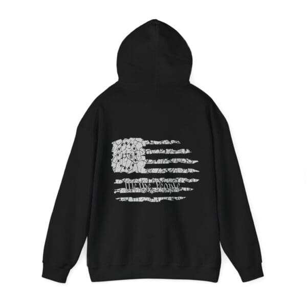 American Pride Hoodie in black featuring a stylized American flag design on the back. The flag includes "1776" and "Liberty or Death" text, with a circular emblem replacing the stars.