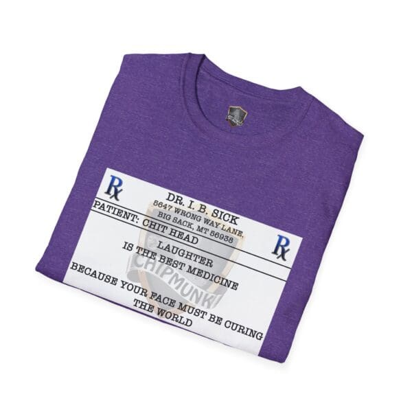 The Laughter T-Shirt is a purple shirt featuring a humorous prescription-style design, complete with fictional names and witty text highlighting laughter as the best medicine.