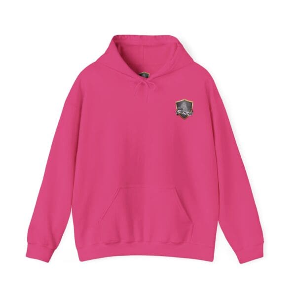 A Chipmunk Family Graphic Hoodie in pink featuring a front pocket and a small shield logo on the left chest.