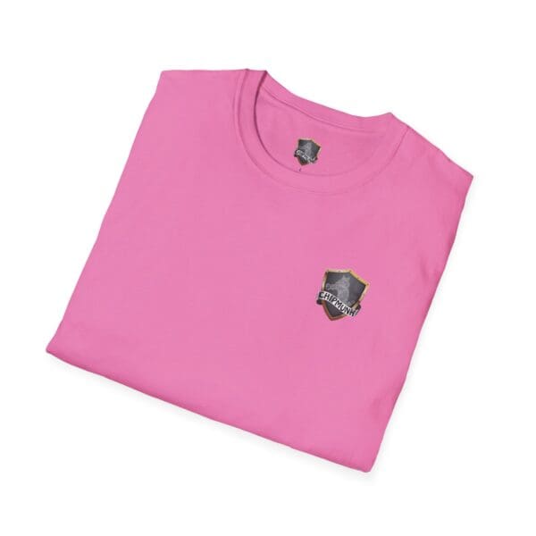 A folded pink Vacation T-Shirt with a small shield-shaped logo showcasing a cartoon dog and the text "Grizzlyph" on the front.