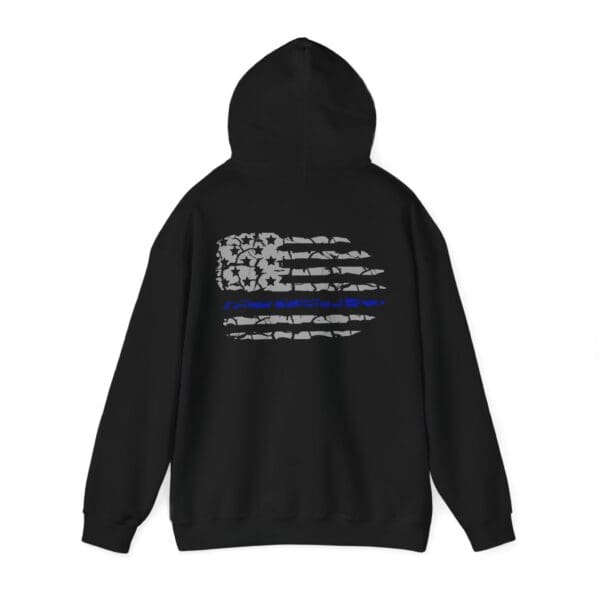 Police Support Hoodie in black showcasing a distressed American flag design with a blue line on the back.