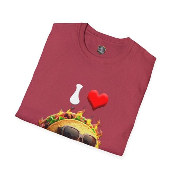 A folded I Love Hot Taco T-Shirt in maroon, featuring a graphic of a bottle, heart, and taco wearing sunglasses.