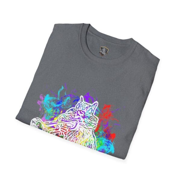 Smoked Chipmunk T-Shirt in gray, adorned with a vibrant illustration of a wolf playing a trumpet surrounded by swirling colorful effects.