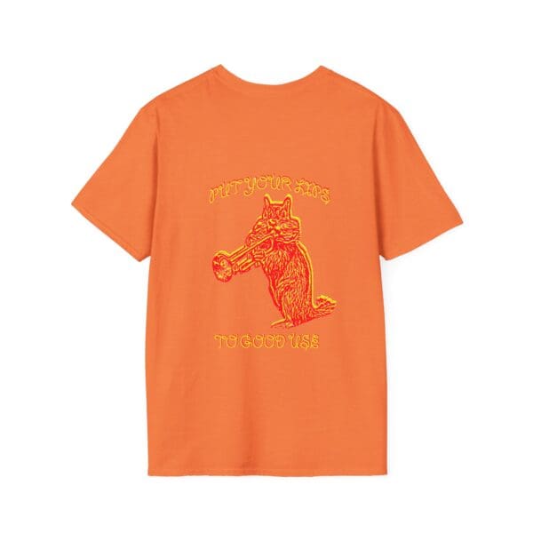 Orange T-shirt featuring a graphic of a dog holding a megaphone and the phrase "PUT YOUR LIPS TO GOOD USE.