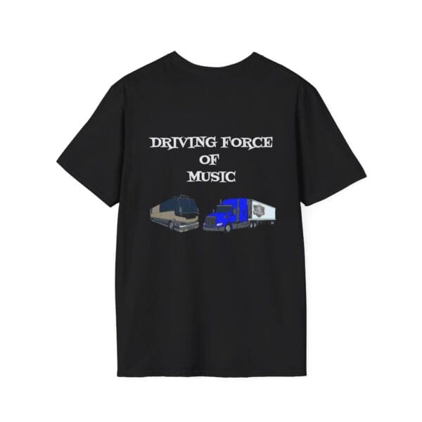 Black Driving Force T-Shirt featuring the "Driving Force of Music" text and illustrations of two trucks on the back.