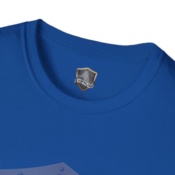 Close-up of a blue Chipmunk Brand T-Shirt with the label inside the collar.