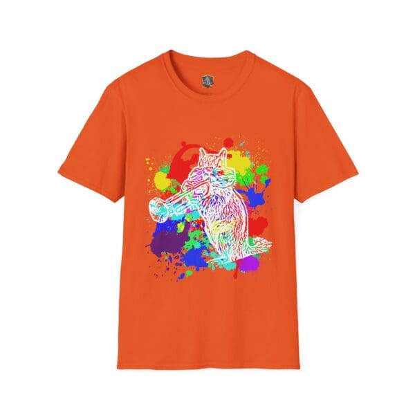 Orange T-shirt featuring a colorful artwork of a chipmunk surrounded by vibrant paint splashes.