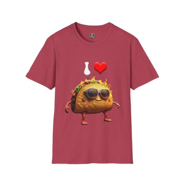 A t-shirt in red showcasing a cartoon taco wearing sunglasses, with a bone icon and a red heart emoji above it.