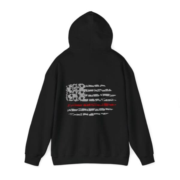 A Firefighter Support Hoodie in black, showcasing an American flag design on the back with a distressed appearance and a single red stripe.